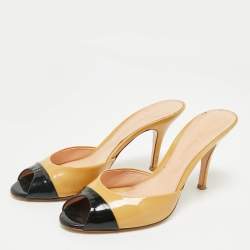 Pre Owned Gianvito Rossi Beige/Black Patent Leather Peep Toe Slide Sandals Size 37.5