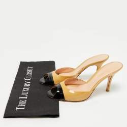 Pre Owned Gianvito Rossi Beige/Black Patent Leather Peep Toe Slide Sandals Size 37.5