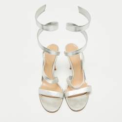 Pre Owned Gianvito Rossi Silver Leather Opera Slide Sandals Size 38