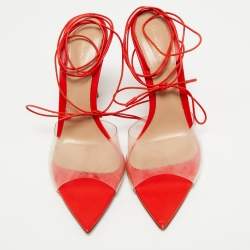 Pre Owned Gianvito Rossi Red/Transparent Leather and PVC Skye Ankle Tie Sandals Size 39.5