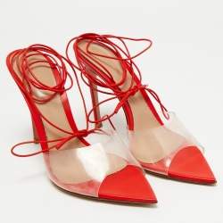 Pre Owned Gianvito Rossi Red/Transparent Leather and PVC Skye Ankle Tie Sandals Size 39.5