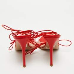 Pre Owned Gianvito Rossi Red/Transparent Leather and PVC Skye Ankle Tie Sandals Size 39.5
