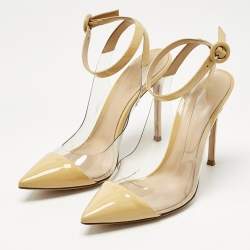 Pre Owned Gianvito Rossi Beige/Transparent Leather And PVC Anise Pointed Toe Ankle Strap Sandals Size 39