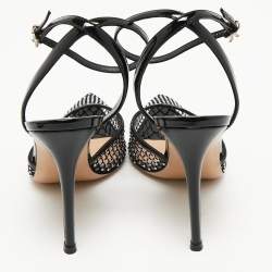 Pre Owned  Gianvito Rossi Black Mesh and PVC Crystal Embellished Pointed Toe  Ankle Strap Pumps Size 39