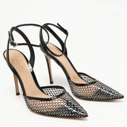 Pre Owned  Gianvito Rossi Black Mesh and PVC Crystal Embellished Pointed Toe  Ankle Strap Pumps Size 39