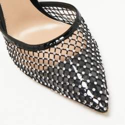 Pre Owned  Gianvito Rossi Black Mesh and PVC Crystal Embellished Pointed Toe  Ankle Strap Pumps Size 39