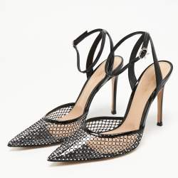 Pre Owned  Gianvito Rossi Black Mesh and PVC Crystal Embellished Pointed Toe  Ankle Strap Pumps Size 39