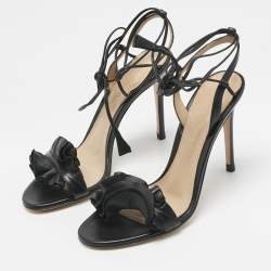 Pre Owned Gianvito Rossi Black Leather Ruffle Detail Ankle Wrap Sandals Size 36.5