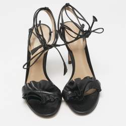 Pre Owned Gianvito Rossi Black Leather Ruffle Detail Ankle Wrap Sandals Size 36.5