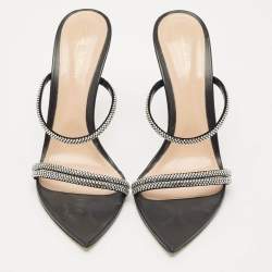 Pre Owned Gianvito Rossi Black Leather Crystal Embellished Cannes Slide Sandals Size 41