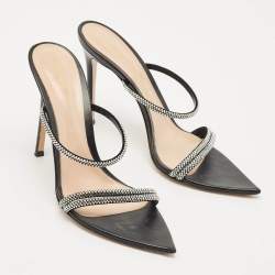 Pre Owned Gianvito Rossi Black Leather Crystal Embellished Cannes Slide Sandals Size 41