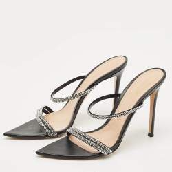 Pre Owned Gianvito Rossi Black Leather Crystal Embellished Cannes Slide Sandals Size 41