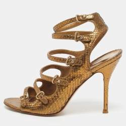 Pre Owned Gianvito Rossi Gold Snakeskin Strappy Sandals Size 39.5