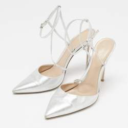 Pre Owned Gianvito Rossi Silver Leather Pointed Toe Ankle Strap Pumps Size 41