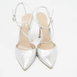 Pre Owned Gianvito Rossi Silver Leather Pointed Toe Ankle Strap Pumps Size 41