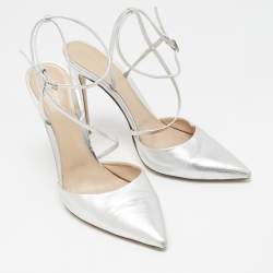 Pre Owned Gianvito Rossi Silver Leather Pointed Toe Ankle Strap Pumps Size 41
