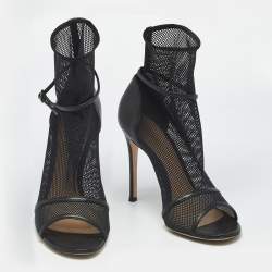 Pre Owned Gianvito Rossi Black Leather and Mesh Idol Ankle Length Boots Size 38.5