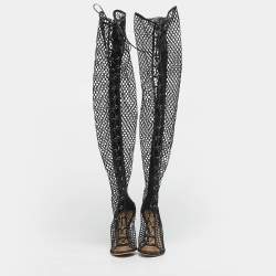 Pre Owned Gianvito Rossi Black Leather and Mesh Over The Knee Boots Size 38