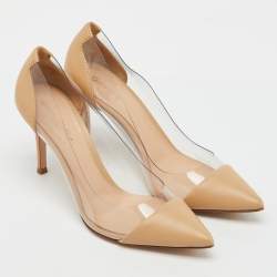 Pre Owned Gianvito Rossi Beige/Transparent Leather and PVC Plexi Pointed Toe Pumps Size 36.5