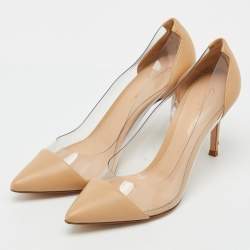 Pre Owned Gianvito Rossi Beige/Transparent Leather and PVC Plexi Pointed Toe Pumps Size 36.5