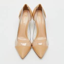 Pre Owned Gianvito Rossi Beige/Transparent Leather and PVC Plexi Pointed Toe Pumps Size 36.5