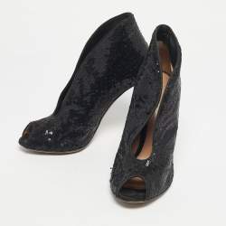 Pre Owned Gianvito Rossi Black Satin and Sequins Vamp Peep Toe Booties Size 38