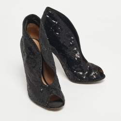 Pre Owned Gianvito Rossi Black Satin and Sequins Vamp Peep Toe Booties Size 38