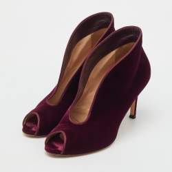 Pre Owned Gianvito Rossi Burgundy Velvet Vamp Platform Booties Size 38.5