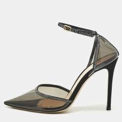 Pre Owned Gianvito Rossi Black PVC and Leather Crystal Embellished Ankle Strap Pumps Size 38