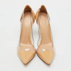 Pre Owned Gianvito Rossi Beige Patent Leather and PVC Plexi Pointed Toe Pumps Size 36.5