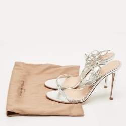 Pre Owned Gianvito Rossi Silver Leather Bow Ankle Wrap Sandals Size 37.5