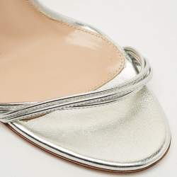 Pre Owned Gianvito Rossi Silver Leather Bow Ankle Wrap Sandals Size 37.5