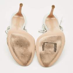 Pre Owned Gianvito Rossi Silver Leather Bow Ankle Wrap Sandals Size 37.5