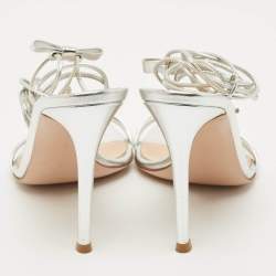 Pre Owned Gianvito Rossi Silver Leather Bow Ankle Wrap Sandals Size 37.5