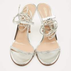 Pre Owned Gianvito Rossi Silver Leather Bow Ankle Wrap Sandals Size 37.5
