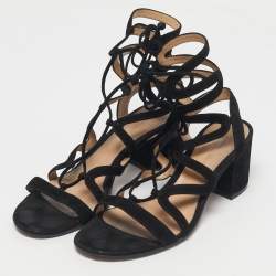 مملوكة مسبقًا صندل غلادياتور جيانفيتو روسي سويدي أسود كعب مربع سميك مقاس 39