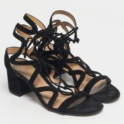 مملوكة مسبقًا صندل غلادياتور جيانفيتو روسي سويدي أسود كعب مربع سميك مقاس 39