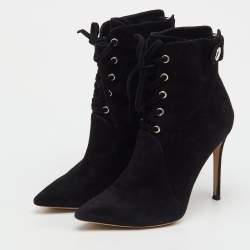 Pre Owned Gianvito Rossi Black Suede Pointed Toe Lace Up Ankle Length Boots Size 38