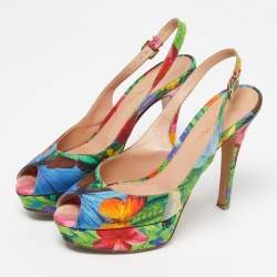 Pre Owned Gianvito Rossi Multicolor Fabric Platform Slingback Sandals Size 38.5
