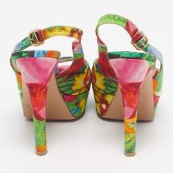 Pre Owned Gianvito Rossi Multicolor Fabric Platform Slingback Sandals Size 38.5