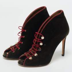 Pre Owned Gianvito Rossi Brown Velvet Miral Open Toe Ankle Boots Size 37