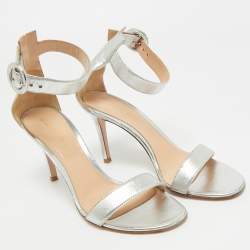 Pre Owned Gianvito Rossi Silver Leather Portofino Ankle Strap Sandals Size 37