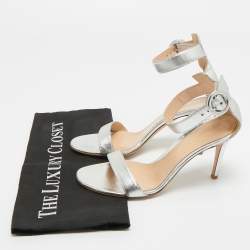 Pre Owned Gianvito Rossi Silver Leather Portofino Ankle Strap Sandals Size 37