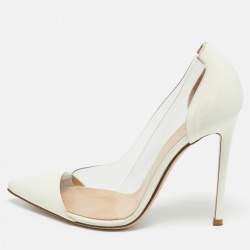 Pre Owned Gianvito Rossi White Patent Leather and PVC Plexi Pointed Toe Pumps 38.5