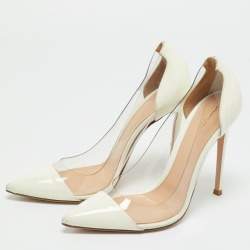 Pre Owned Gianvito Rossi White Patent Leather and PVC Plexi Pointed Toe Pumps 38.5