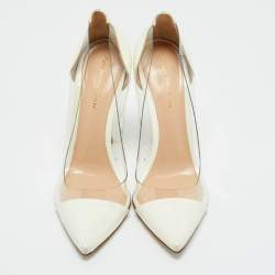 Pre Owned Gianvito Rossi White Patent Leather and PVC Plexi Pointed Toe Pumps 38.5