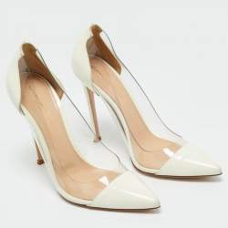 Pre Owned Gianvito Rossi White Patent Leather and PVC Plexi Pointed Toe Pumps 38.5