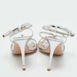 Pre Owned Gianvito Rossi Silver Leather Kim Ankle Wrap Sandals Size 37.5