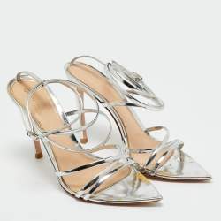 Pre Owned Gianvito Rossi Silver Leather Kim Ankle Wrap Sandals Size 37.5