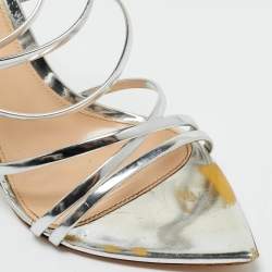 Pre Owned Gianvito Rossi Silver Leather Kim Ankle Wrap Sandals Size 37.5